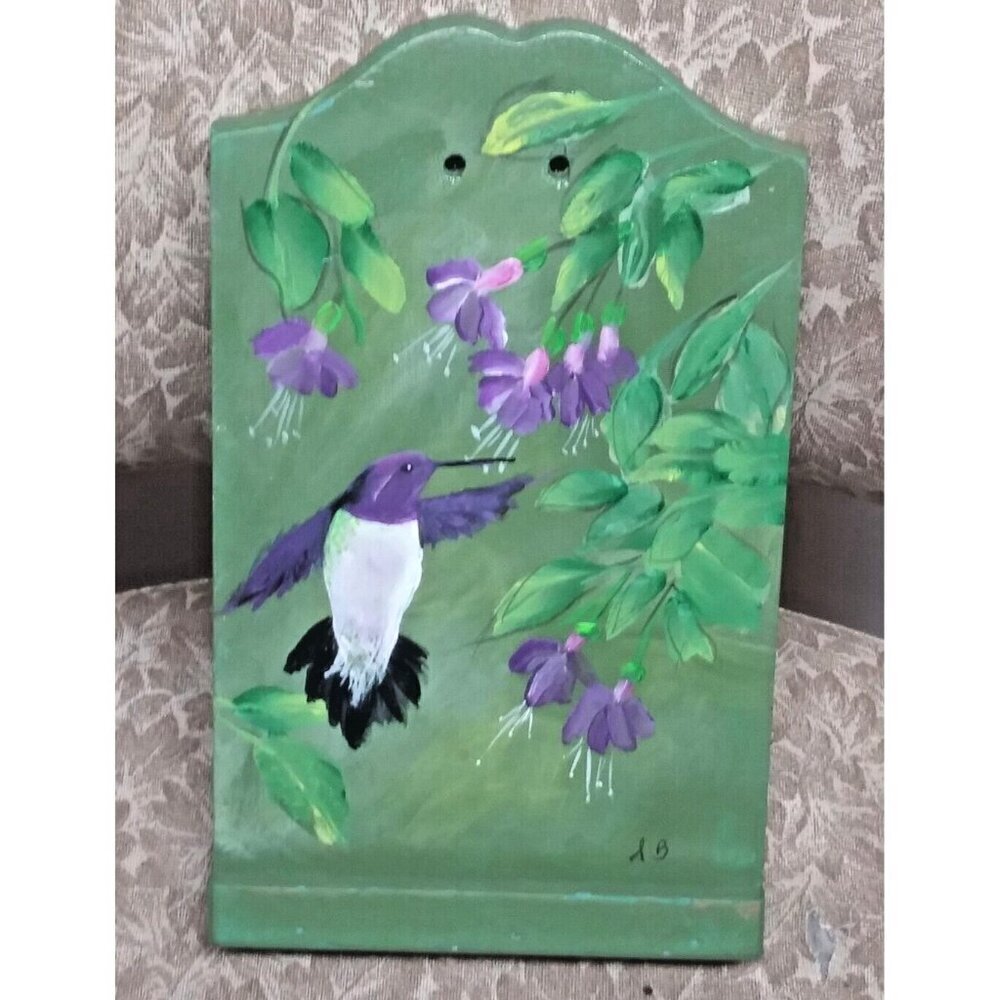 Hummingbird and Florals Wood Wall Decor Hand Painted Signed LB 9" GREEN PURPLE